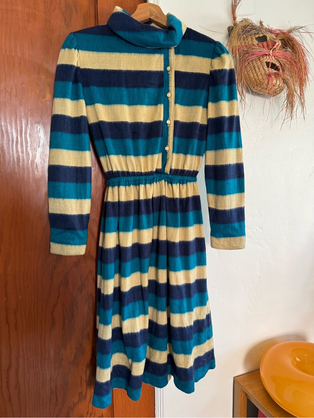 Vintage Striped Teal Navy Cream Long-Sleeve Dress